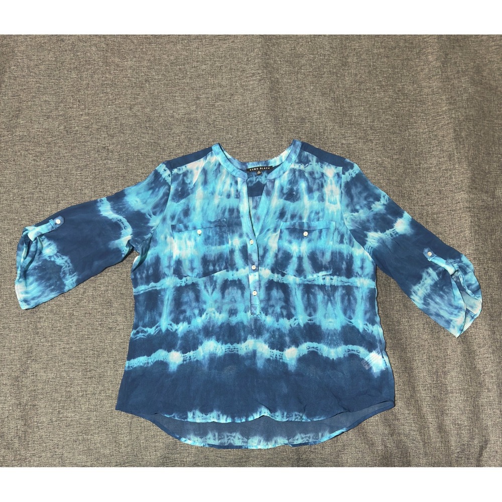 Como Black Women's XL Blouse Blue Tie Dye Roll Tab Sleeve V-Neck S20045BT